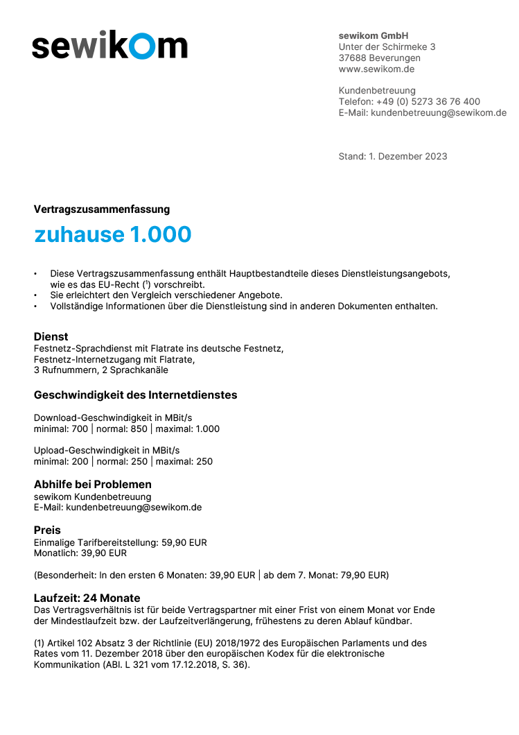 sewikom Anbieterwechselformular