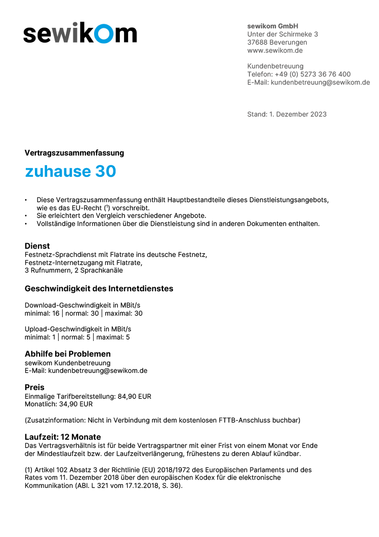 sewikom Anbieterwechselformular